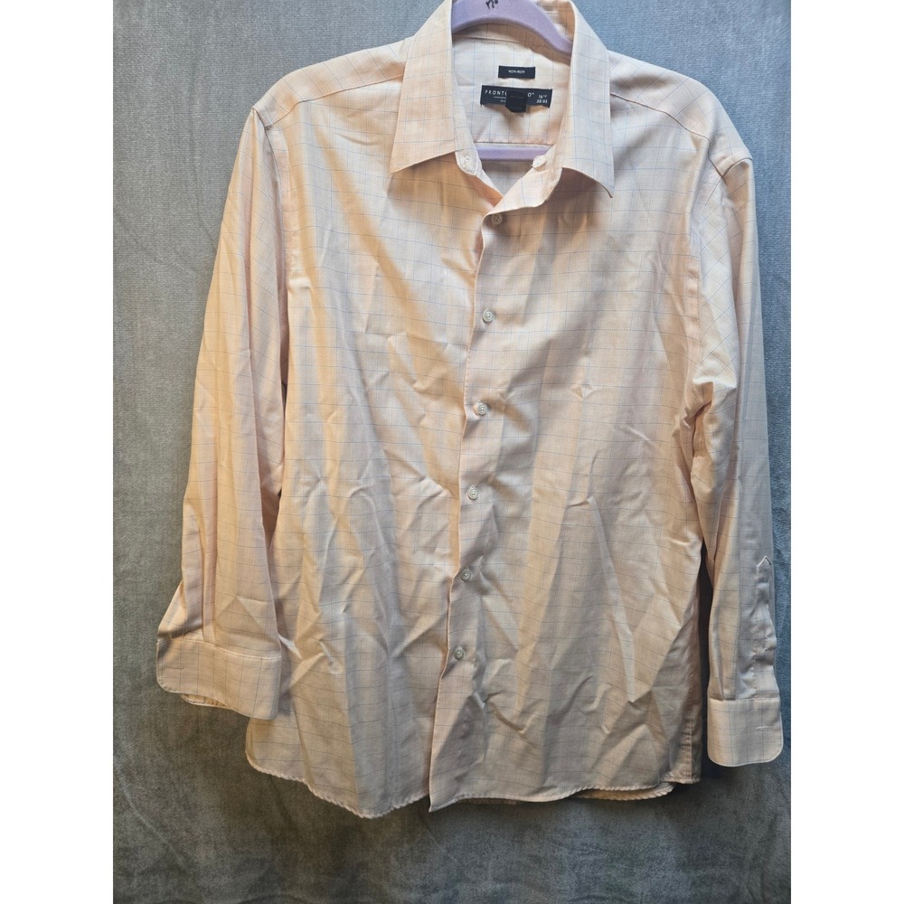 Pronto Uomo Mens Dress Shirt 16.5 32/33 Peach Blue Windowpane Non-Iron Cotton